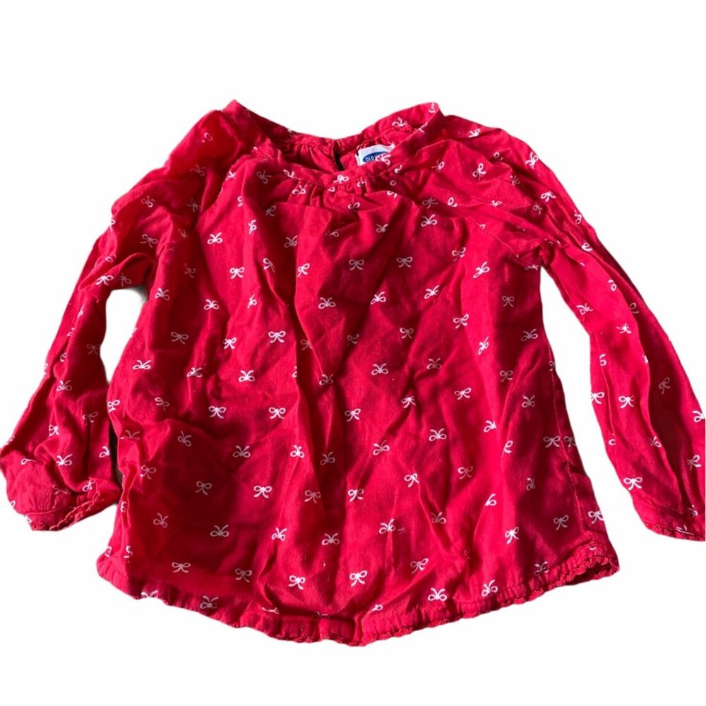 Old Navy Baby Girls Red Shirt With‎ White Ribbon Print Long Sleeves Size 12-18M
